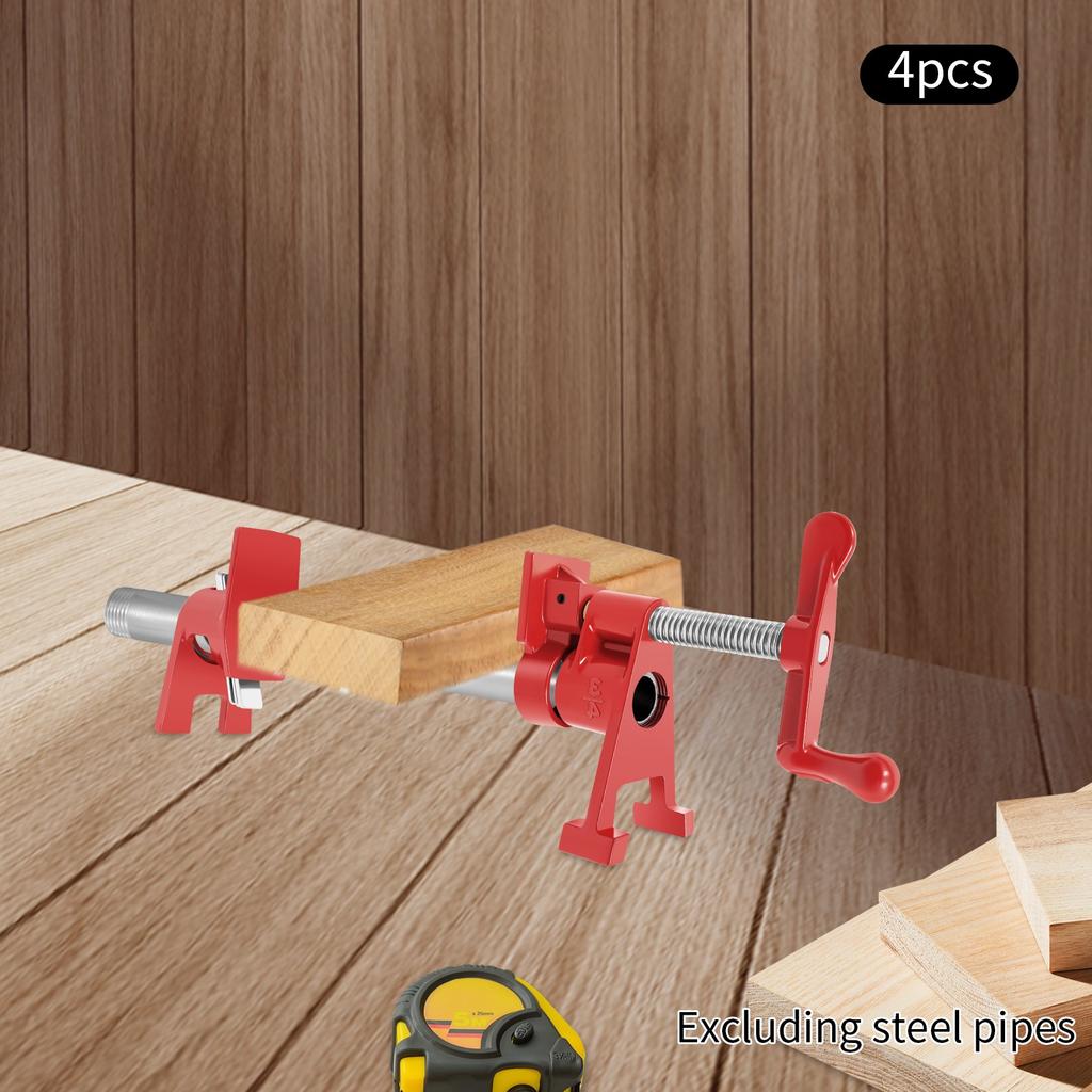 4-Piece Wood Gluing Pipe Clamp Set – Heavy-Duty Cast Iron Bar Clamps for Woodworking – Red