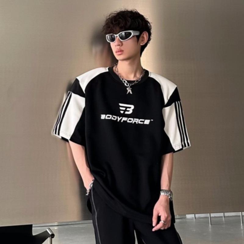 Spring and Summer New Men's Color Block Printing Shoulder Pad Loose Casual Short Sleeve T-shirt