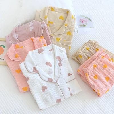 Neuer Damen-Pyjama für Frühling und Sommer Langarmhose Zweiteiliges Set 100% Baumwollkrepp Liebesrevers Hausanzug-Set