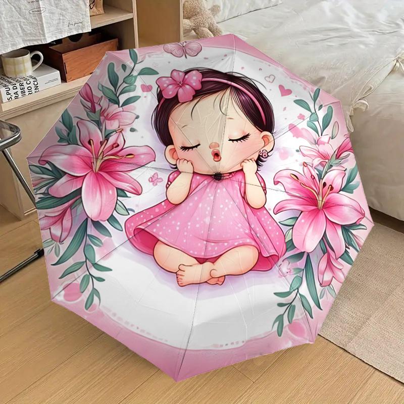 Pink Lily Flower Girl Automatic Opening/Closing Umbrella - Portable 3-Fold Design with Iron Frame - Gift for Fans, Travelers, Daily Use11210