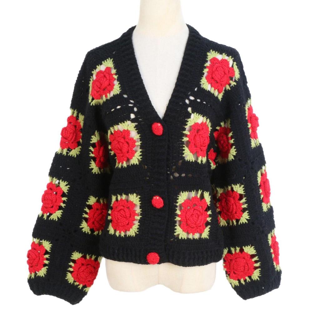 Hand-Crocheted Rose V-Neck Cardigan – Solid Color, Long Sleeve, French Chic