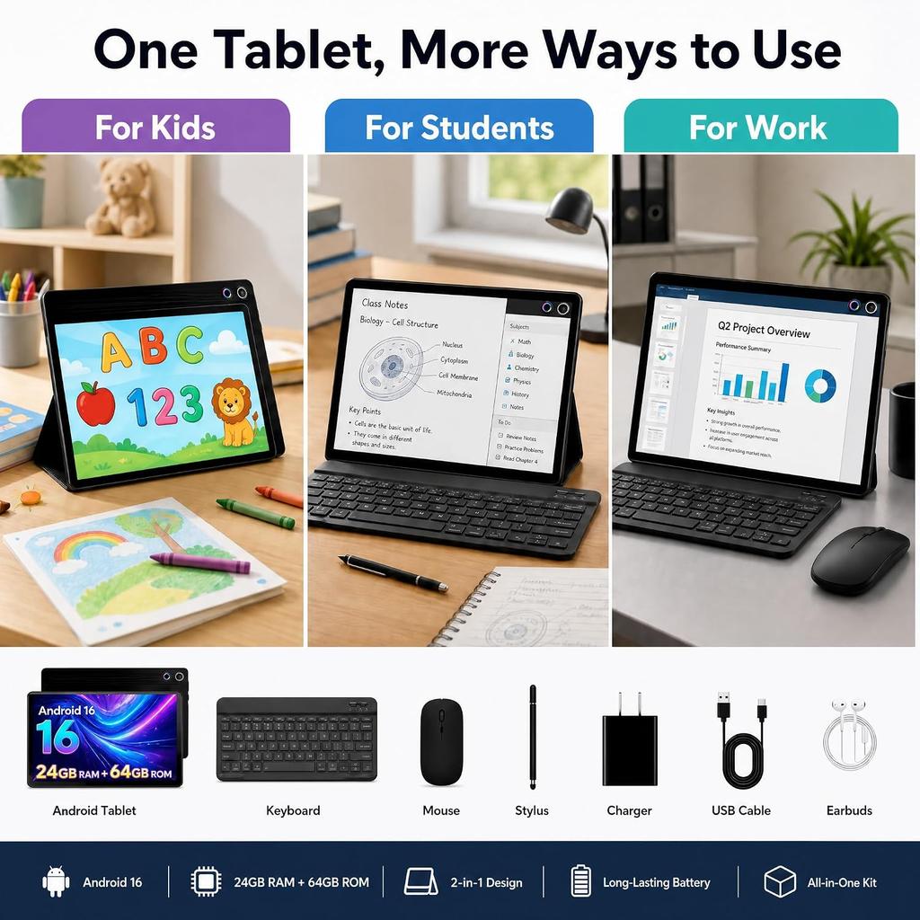 Tablet Android 15, 10,1 Pollici, 24 GB di RAM + 64 GB di ROM, Set Tastiera e Mouse