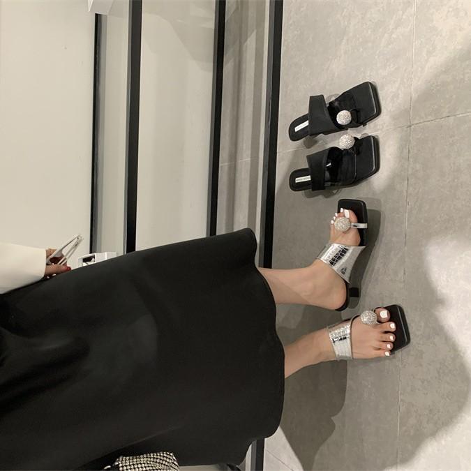 Go Out Two Wear Flat Bottom Personality Set Toe Roman Sandals Summer Square Head Metal Buckle Toe Slippers Women