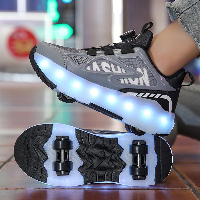 Letní Heelys Dívčí Síťované Prodyšné Kolečkové Brusle Studentky Čtyřkolečkové Dobíjecí LED Sportovní Brusle Chlapci Svítící Sportovní Boty