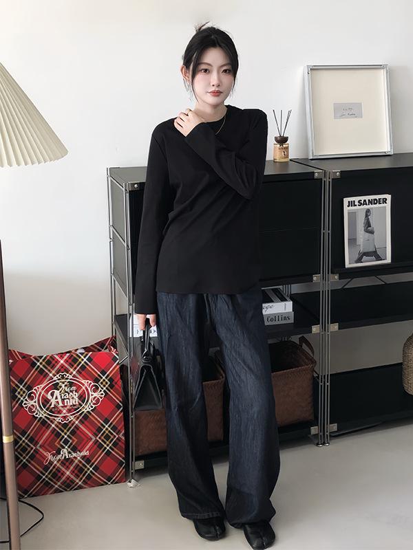 2026 Spring Women's Slimming Loose-Fit Solid Color Long Sleeve Round Neck T-Shirt