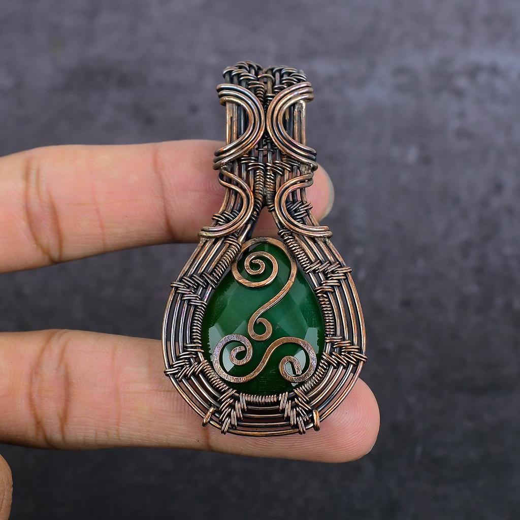 Emerald(Simulated) Gemstone Handmade Copper Wire Wrap Jewelry Pendant 2.76" I5o61