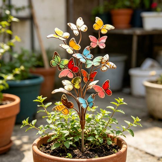 Schmetterlings-Gartenstecker Rustikaler Metall-Deko-Stecker für Topfpflanzen Farbige Vintage-Schmetterlinge Hofkunst für Rasenweg Terrasse Außen Dekoration