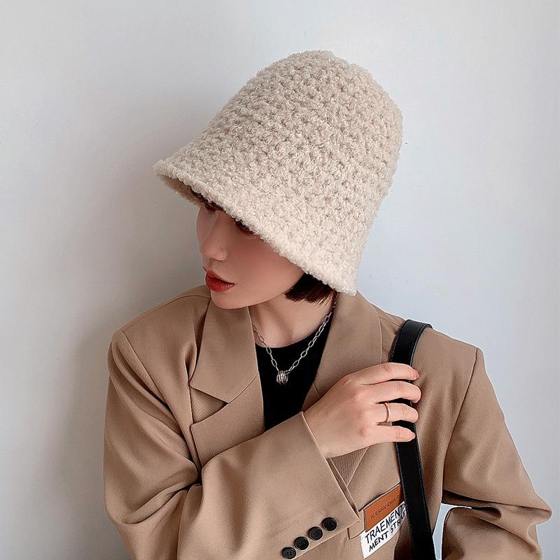 

Winter bucket hat women s casual cloth label bucket hat lamb wool versatile knitted solid color wool basin hat men M(56-58cm)