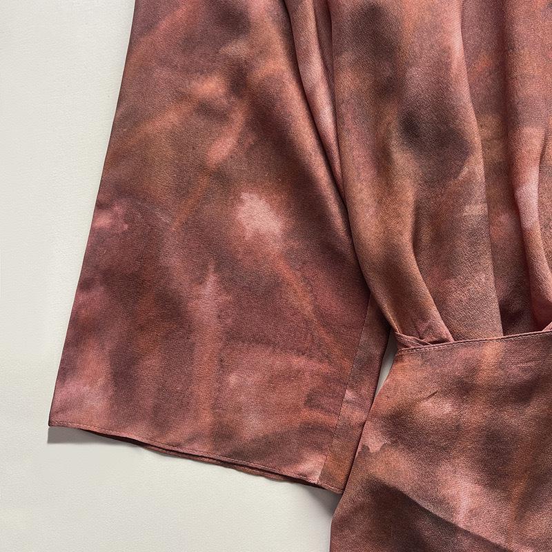 Elegant Burgundy Silk Wrap V-Neck Dress with Mid Sleeves