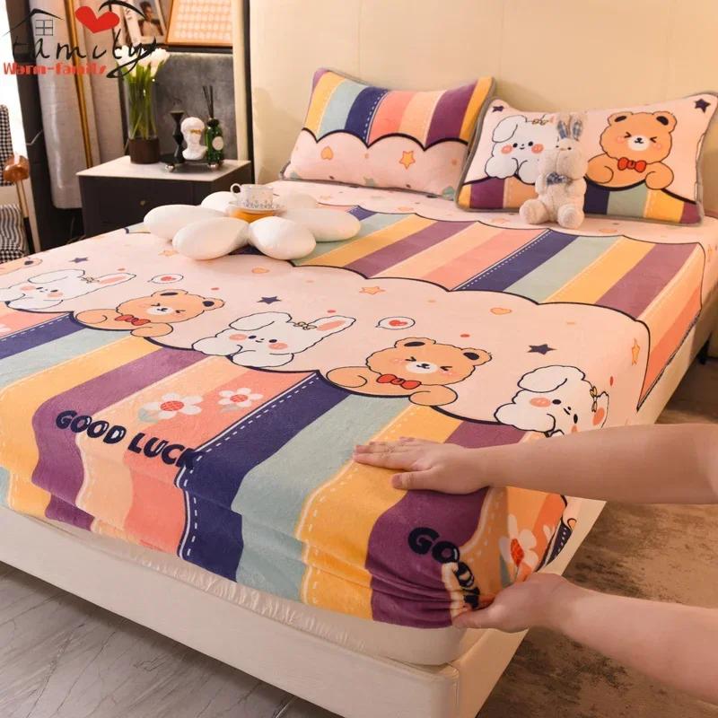Winter Warm Thicken Flannel Elastic Fitted Sheet Mattress Protector Cover Cartoon Print Plush Soft Cozy Bed Sheet Home Decor