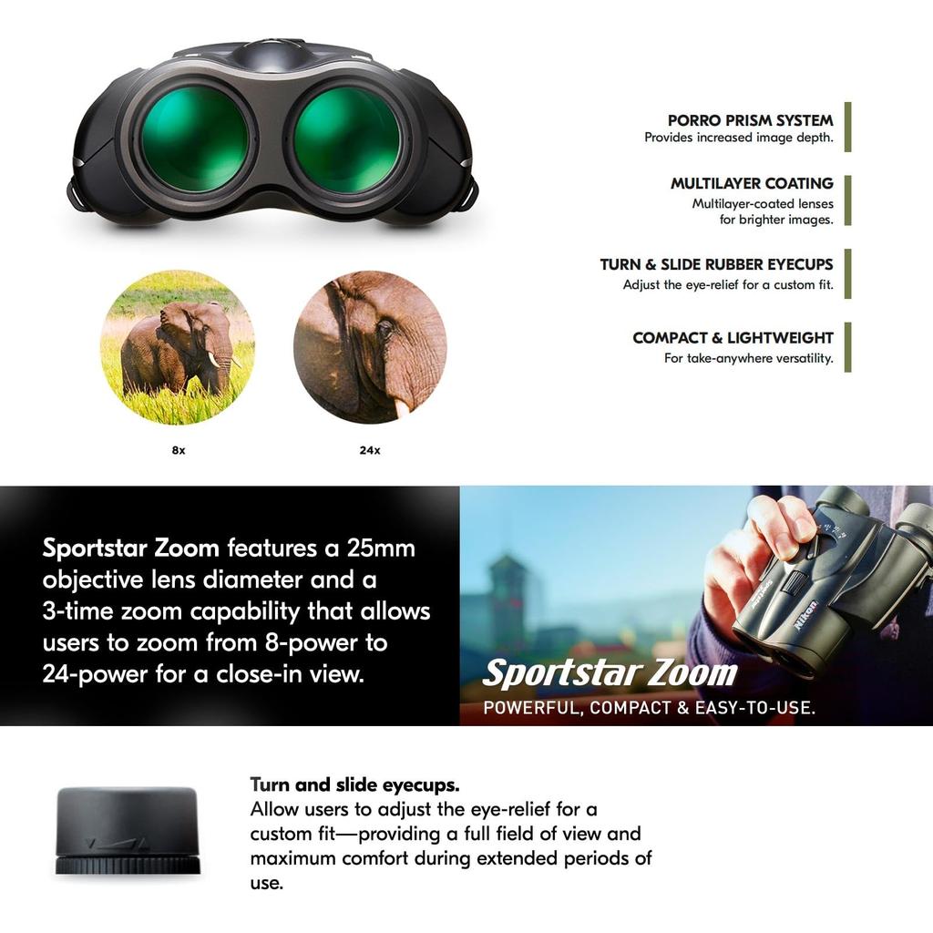 Nikon Sportstar Zoom 8-24x25mm Binoculars - Multi-Coated Lenses, Porro Prism Optics, Fast Focus Control - Compact and Lightweight Binoculars for