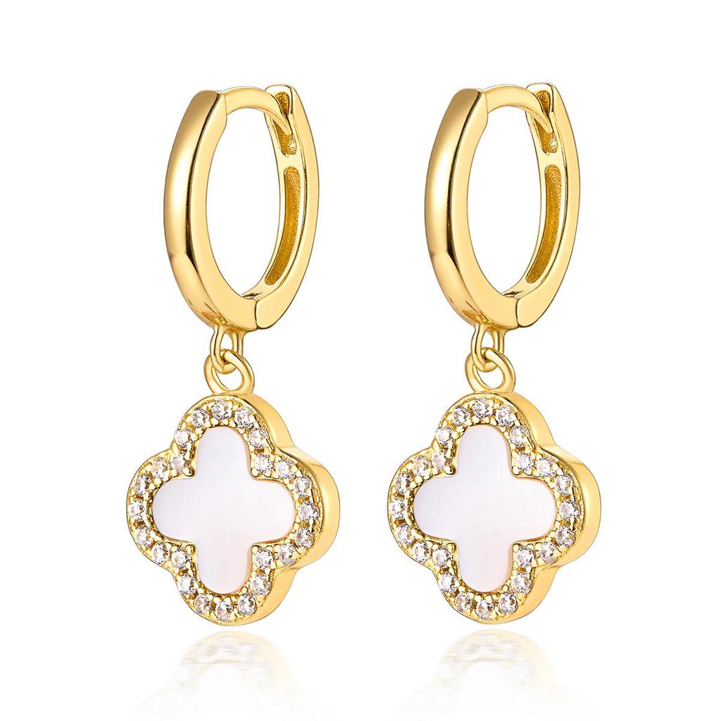 S925 Sterling Silver Four-Leaf Clover Earrings with Zircon, Black Agate, and White Mother-of-Pearl for a Luxurious High-End Look.