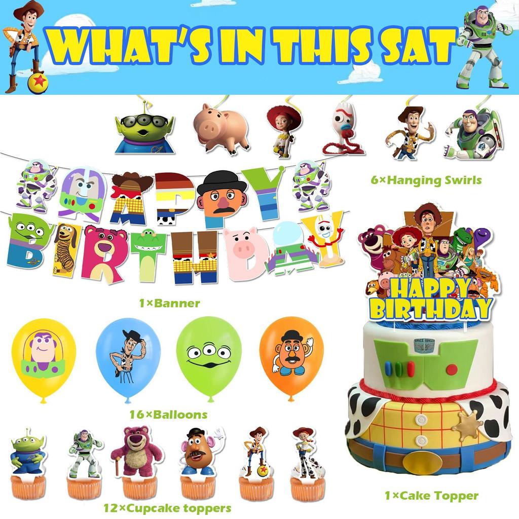 Toy Story-themed Birthday Party Decorations: Buzz Lightyear Balloon Banners, Cake Toppers, and Toy Story Party Decorations