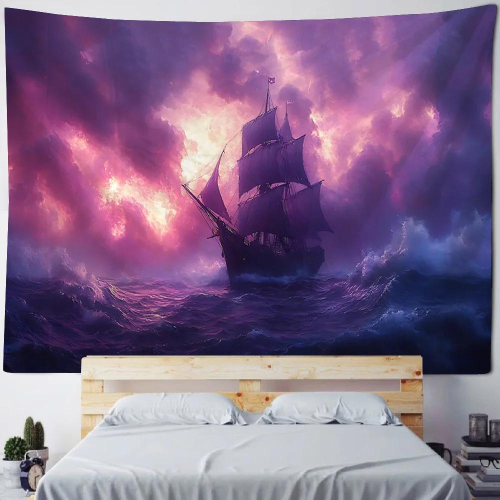 HD-Dreamy Sea & Pirate Ship Wallpaper - Oil Painting Style Wall Art for Bohemian Home Decor, Ocean Themed Room or Bed Cover