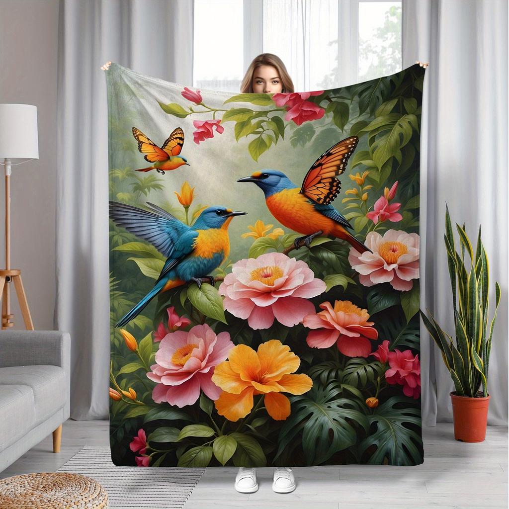 Comfort Forest Bird Pattern Flannel Blanket - Soft, Warm, and Portable Design, Suitable for Sofa, Office,, Camping | A Gift Choi