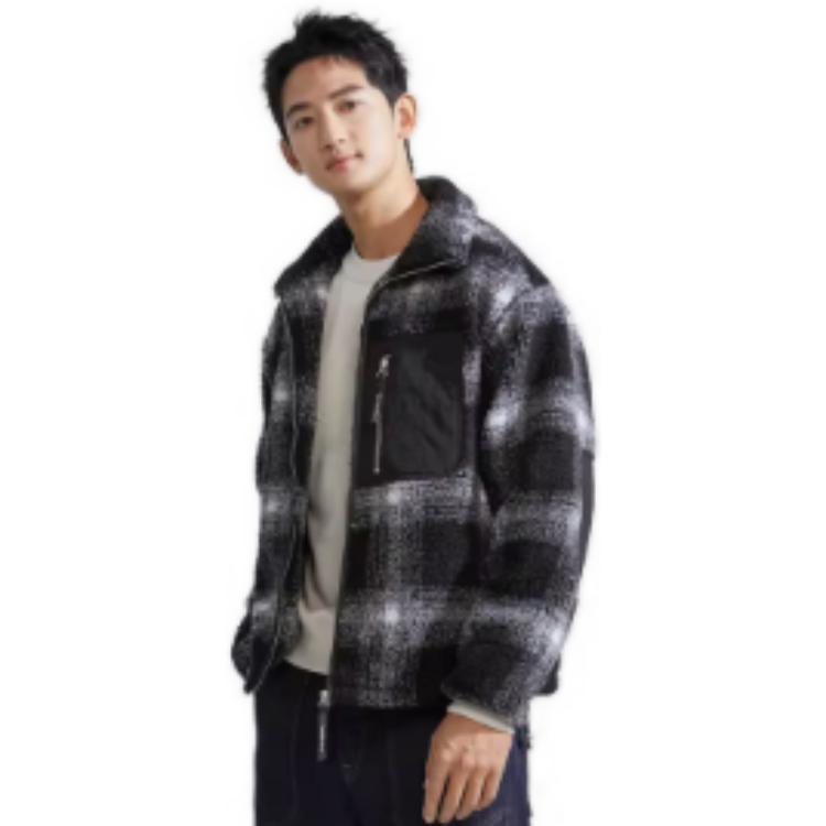 Calvin Klein Stand Collar Zipper Fleece Jacket Unisex Outerwear Space-Black-Plaid J400334