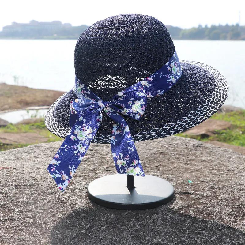 WTEMPO Hollow-out Spring Summer Knitted Foldable Sunscreen Hats Female Solid Color Wide Brim Travel Beach Breathable Sun Hats with Printed Bow