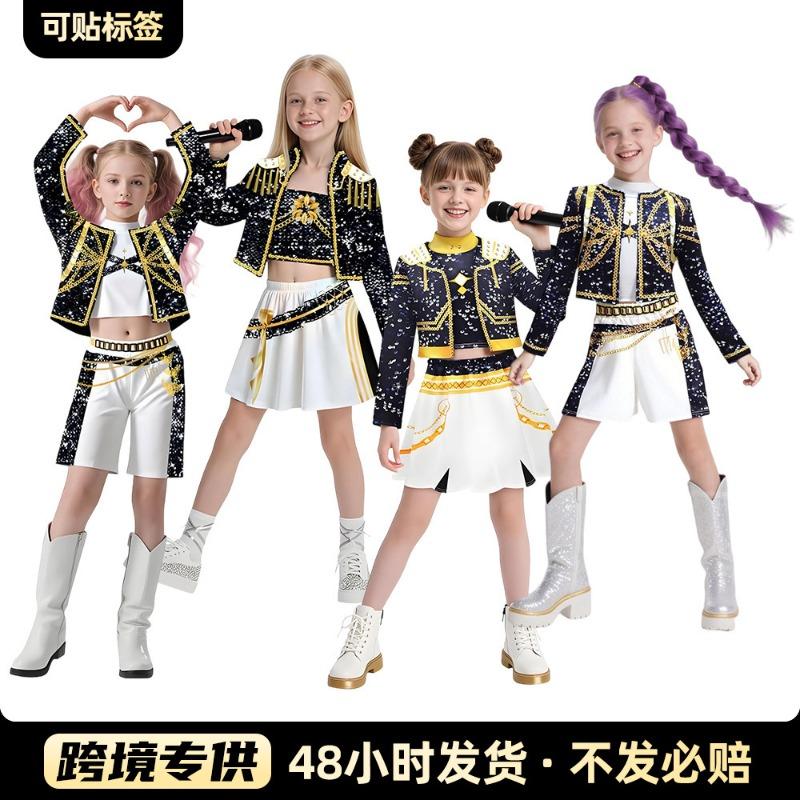 New Girls Demon Hunter Costumes Kids Pop Singer Children's Clothing Set Black Gold Witch Hunter Group