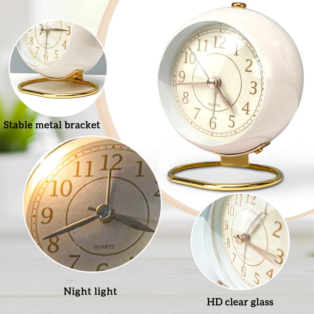 JUSTUP Mini Table Clock, Classic Silent, No Tick-a-Mouth, Analog Alarm Clock, Backlit, HD Glass, for Bedroom, Living Room, Kitchen, Home Decor (White)