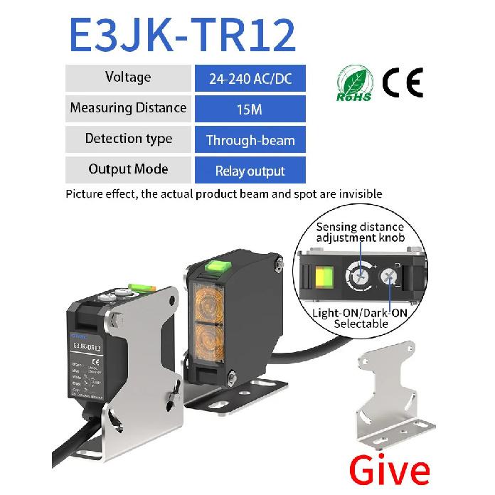 

GTRIC E3JK-TR12 Square Photoelectric Sensor Through-beam 24-240V AC/DC Universal Relay Output Diffused Photoelectric Switch E3JK-TR12