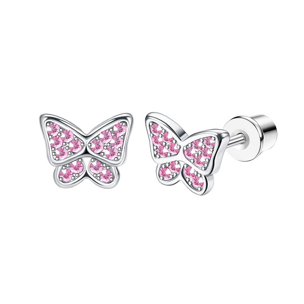 Bobisty 1Pair Cute Screw Back Earrings for Women Stainless Steel Multicolored Heart Flower Butterfly Rainbow CZ Stud Earrings