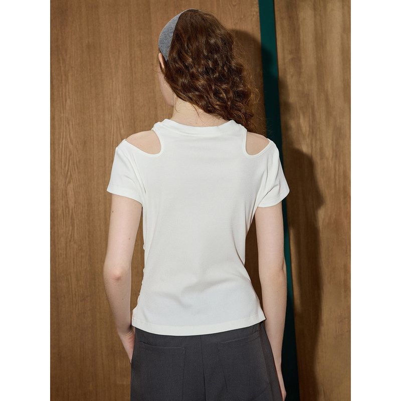 Coolhut Off-Shoulder Waist-Cinching Slimming Pleated Design Round Neck Short-Sleeved Top 2025 Summer New T-Shirt for Women