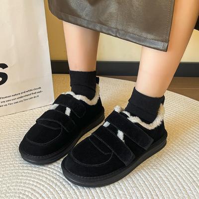Woman Faux Wool Fur Flat Shoes Black Round Toe Big Head Boken Cotton Shoes 2024 Autumn Academy Wind Plus Velvet Thick Snow Boot
