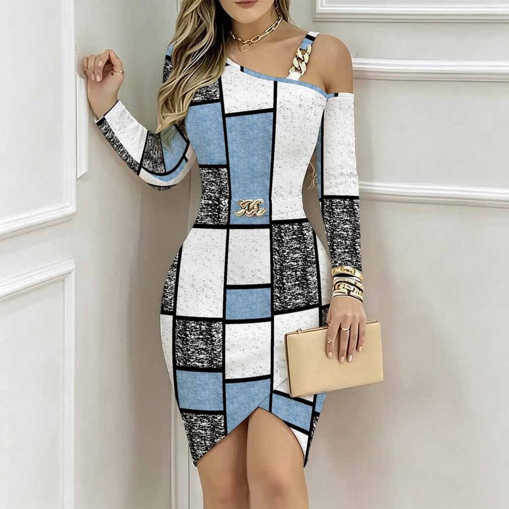 Women Plus Size Asymmetric Cold Shoulder Colorful African Tribal Geometric Print Wrap Bodycon Midi Dress