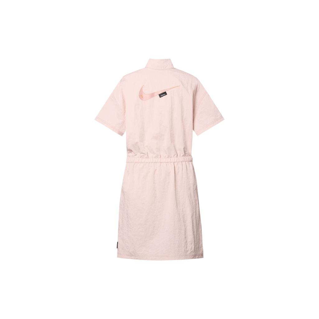 Nike Solid Color Cinched Waist Stand Collar Short Sleeve Dress Women Dress Pink DM6198-601