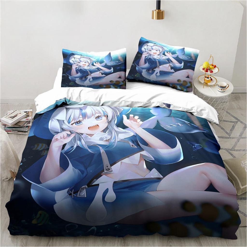 Kawaii Gawr Gura Söt Tjej Min Vinkel Kung Tvilling Dubbel Barnsängkläder Mikrofiber Eller Polyester 3D-tryck Anime Påslakan Set