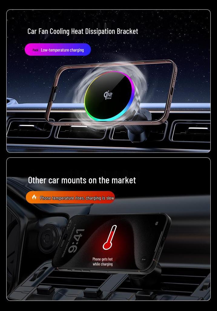25W Wireless Car Charger Holder with Cooling Fan for iPhone 17 (Qi 2.2)