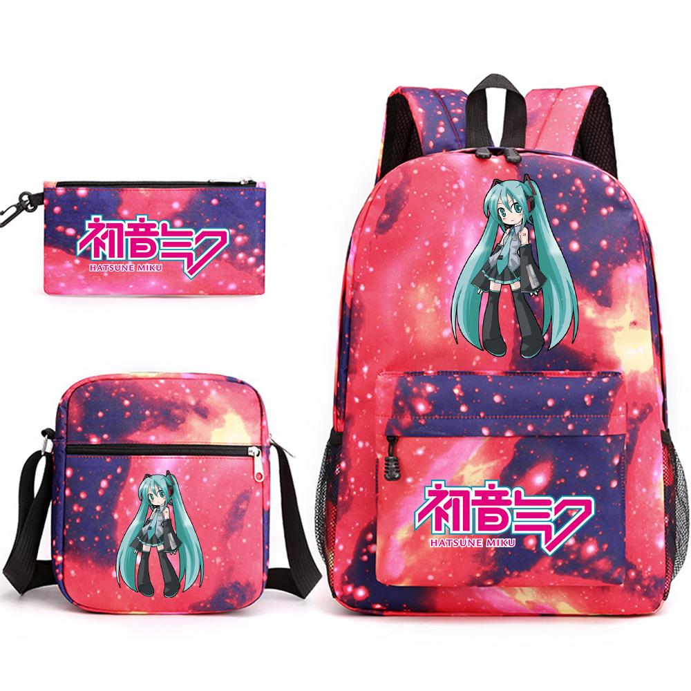 3Pcs/set Anime Cartoon Hatsune Miku Printed Backpack with Shoulder Bag Pencil Case for Teenager Student Boy Girl Large Capacity Waterproof School Bag