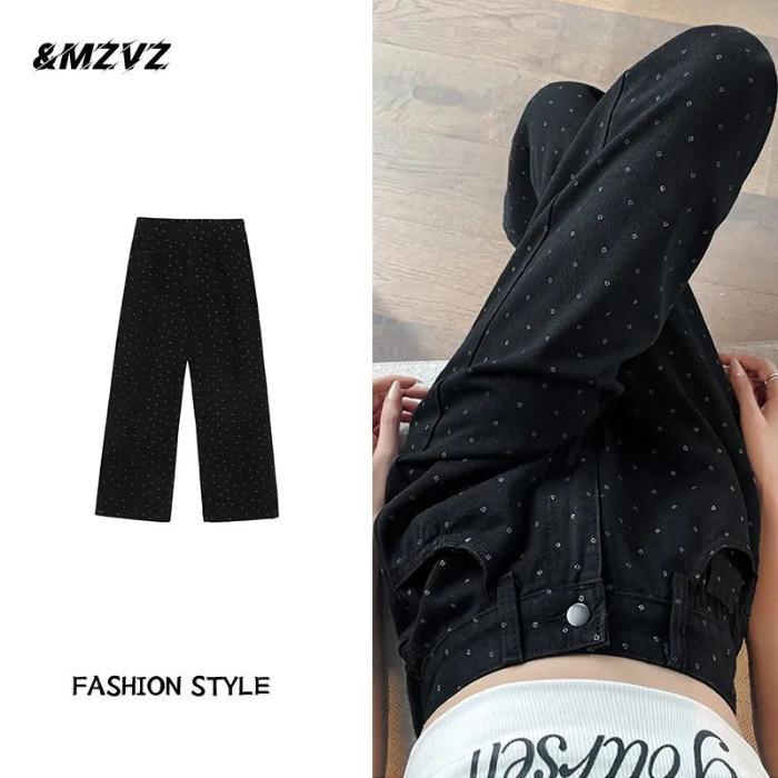

2024 Autumn Women s High Waist Polka Dot Wide Leg Jeans - Petite, Floor Length 2XL чёрный