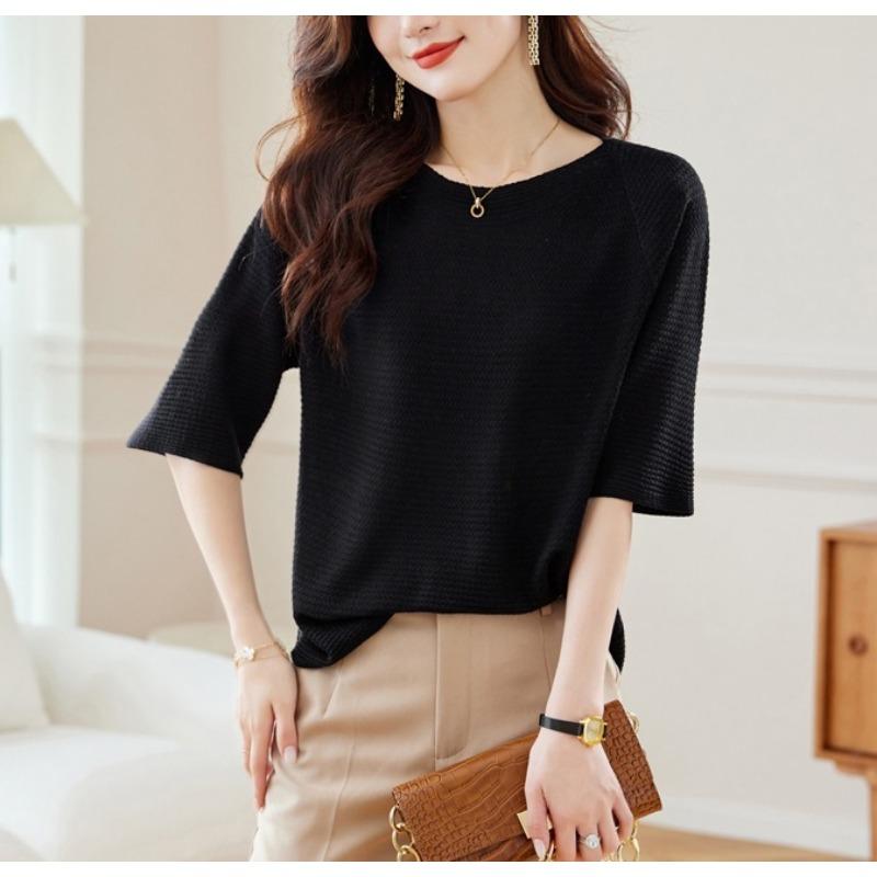 Crew neck medium sleeve T-shirt women's spring and summer new elegant style loose thin knitted sweater fashion pullover sweater women