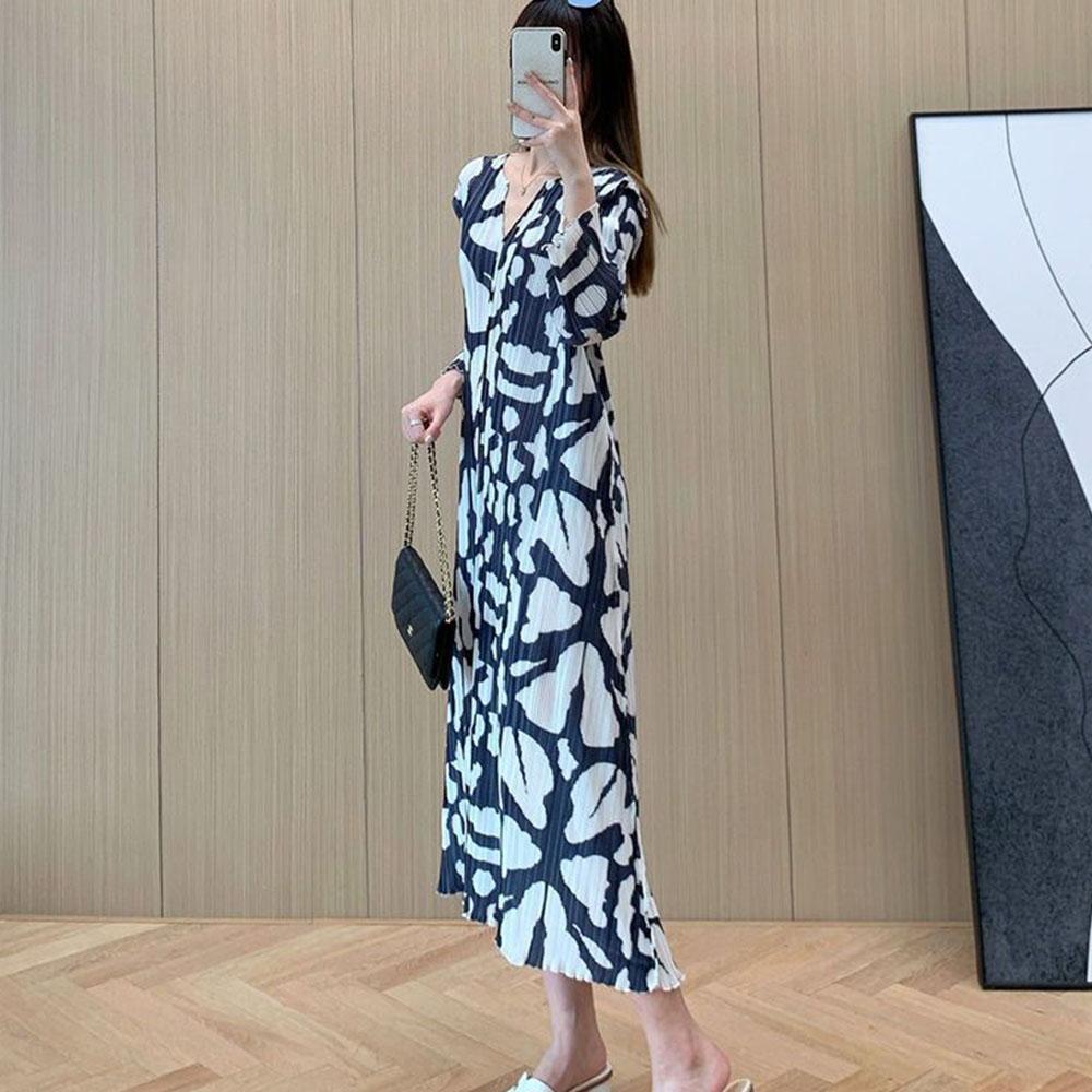 Rochie de vară cu mâneci 3/4 pentru slăbire, cu decolteu în V, imprimeu geometric, la modă, pliată, lejeră, lejeră