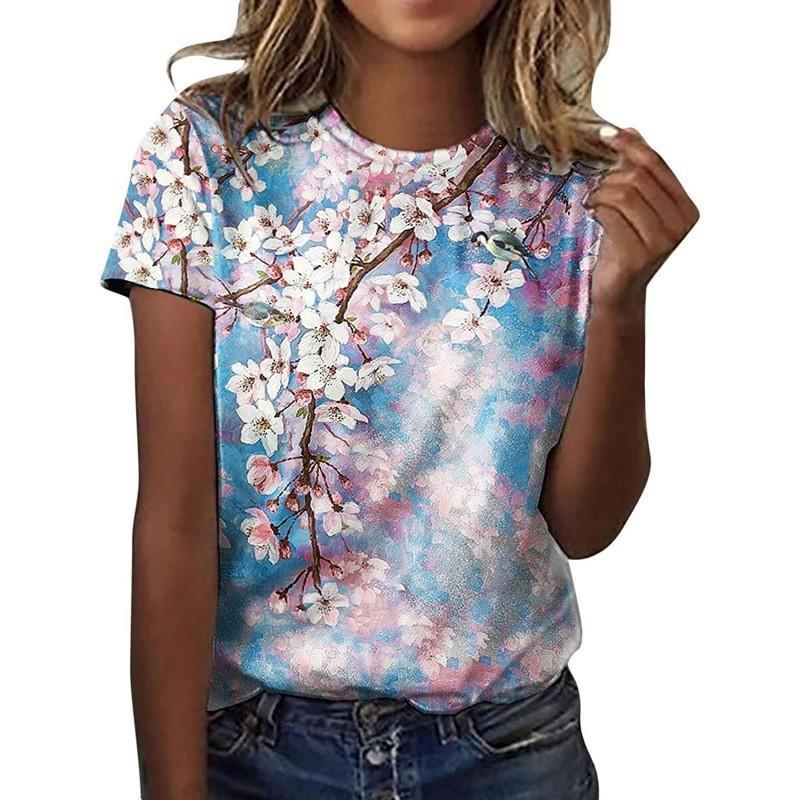 Dámský top s krátkým rukávem, 3D potiskem, sváteční, víkendový, základní, kulatý výstřih, regular flower tričko