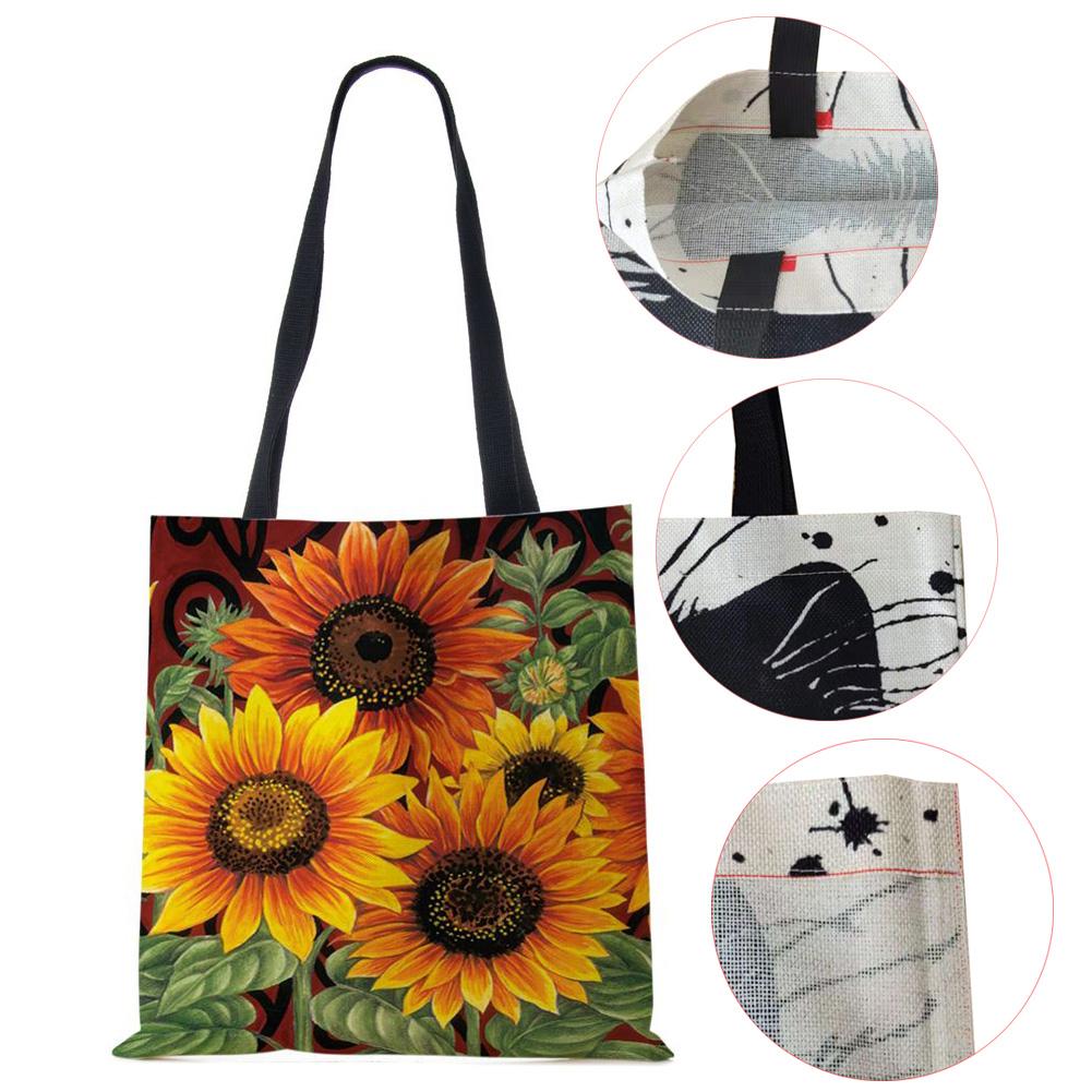 Sunflower Flowers Women Shoulder Bag Shopper Canvas Casual Grocery Handbag 2022 Print Painting Vintage Large Capacity Tote Books