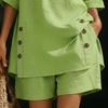 Cotton Linen Set for Women Button Short Sleeve Shirt And Wide Leg Shorts 2 Piece Outfit Summer Casual Beach Lounge Sets