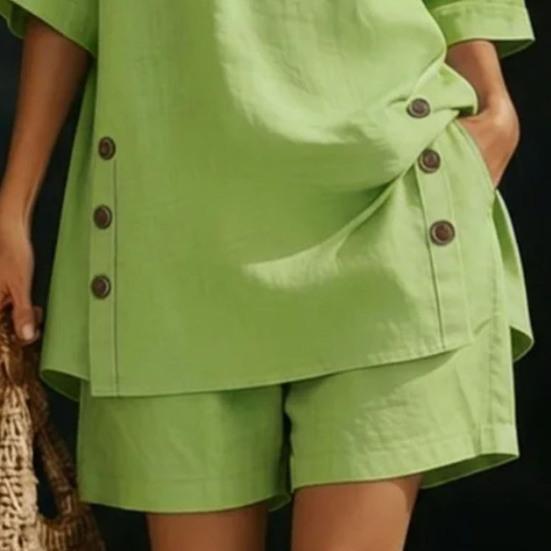 Cotton Linen Set for Women Button Short Sleeve Shirt And Wide Leg Shorts 2 Piece Outfit Summer Casual Beach Lounge Sets