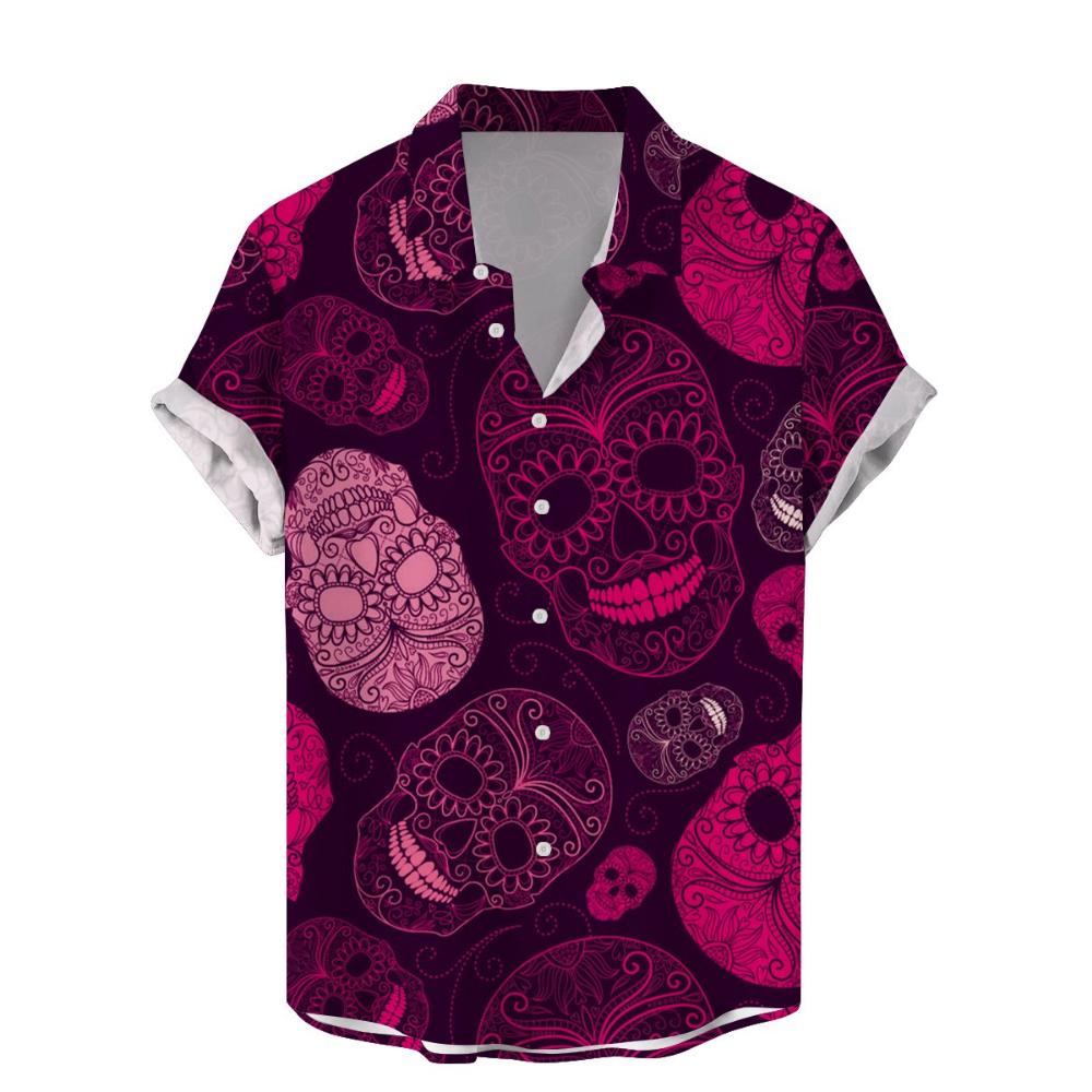 Men's Sugar Skull Floral Shirt 3D Print Hawaiian Short Sleeve Button Down Summer Oversized Streetwear Tops