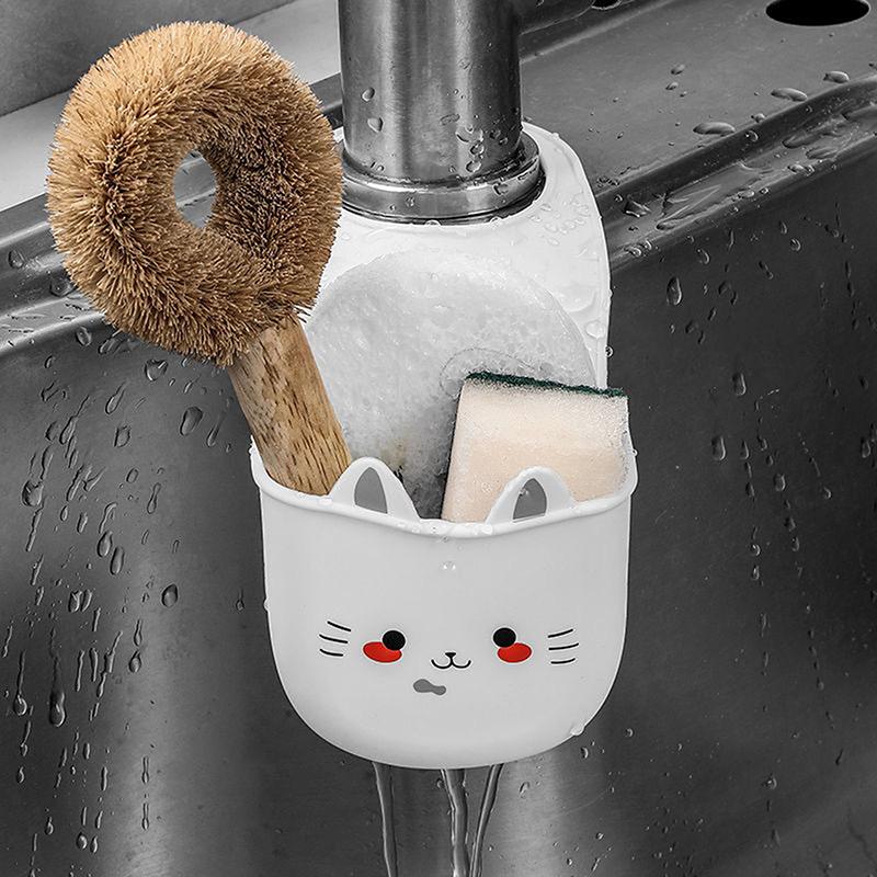 White Cartoon Cat Hanging Basket Soft Snap Fastener Faucet Sponge Holder Silicone Sink Hanging Storage Bag Faucet Accessories