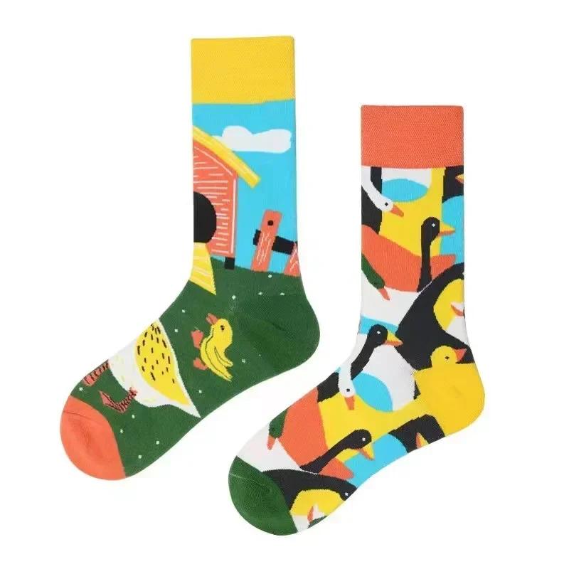 Original Design AB Mandarin Duck Asymmetric Socks Ins Street Cartoon Creative Animal and Plant Fruit Fashion Sports Cotton Socks