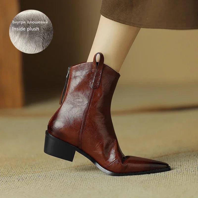Fashion 2025 Autumn/winter Women Boots Genuine Leather Western Boots Women Shoes Pointed Toe Chunky Heel Chelsea Boots Retro Ankle Boots