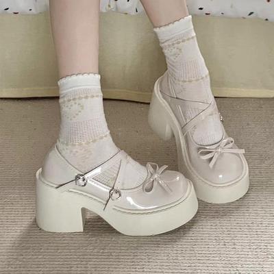 Women's 2024 Black Thick-Soled Mary Jane High-Heels - New College-Style JK Leather Shoes.