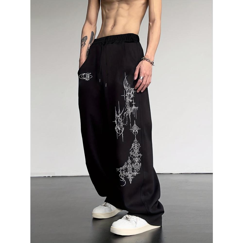 Men's Sport Pants Thorn Cross Pattern Print Sweatpants Drawstring Loose Wide-Leg Casual Trousers