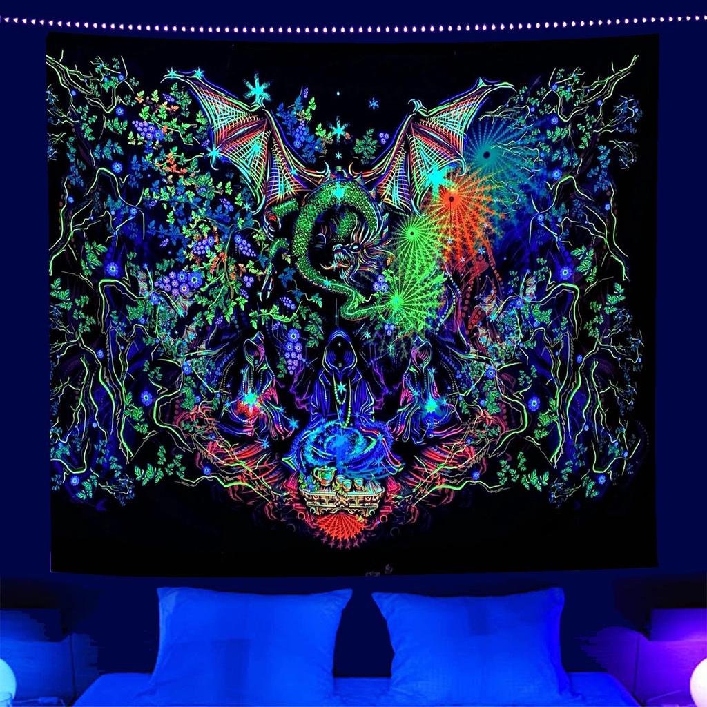 UV Reactive Blacklight Tapestry 2D Flat Printed Fantasy Cosmic Pirate Ship Peach Skin Wall Hanging Fluorescent Bedroom Decor
