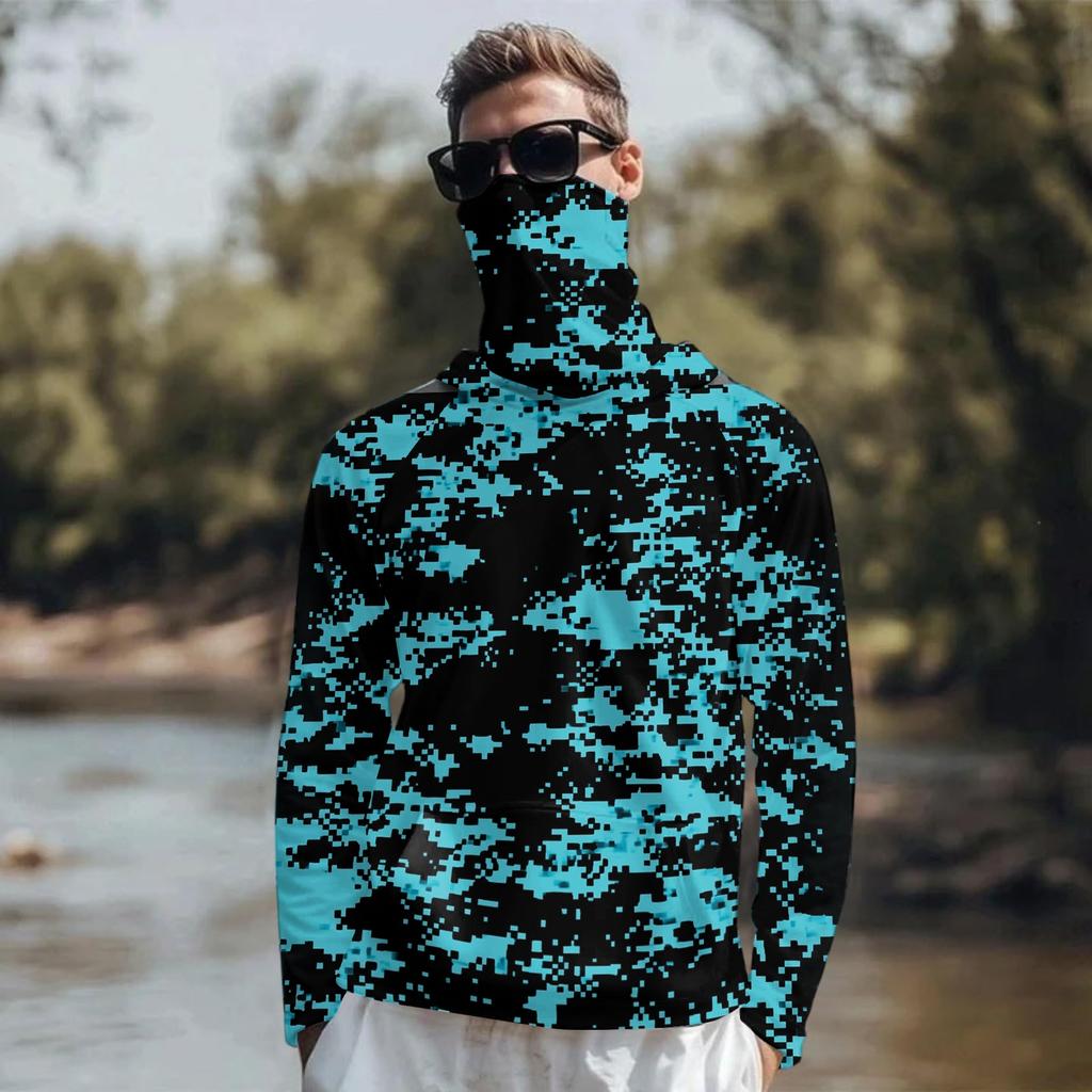 Maglia da Sole Leggera a Maniche Lunghe con Cappuccio e Copertura Facciale Integrata, Traspirante, Resistente ai Raggi UV, Top da Pesca e per Attività all'Aperto da Uomo