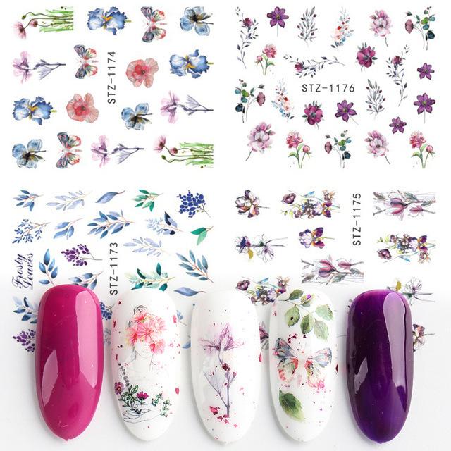4Pcs Nail Art Slider Black Green Leaves Colorful Flowers Butterfly Spring Summer Nail Simple Designs Nail Art Stickers