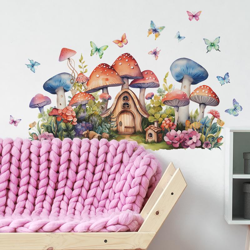 Cartoon Hand-Painted Butterfly Mushroom House Wall Sticker for Bedroom Living Room Wall Decoration Self-Adhesive