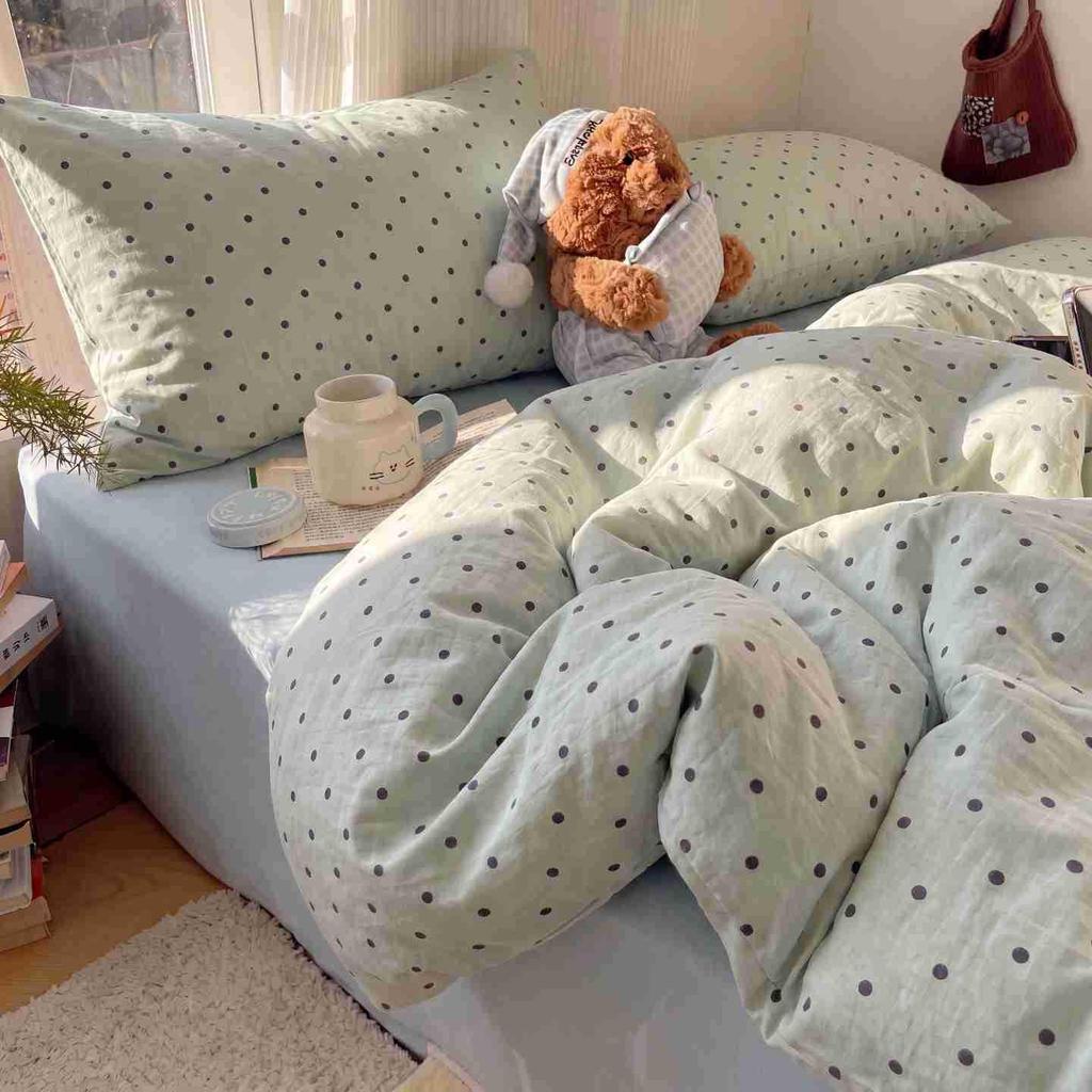 Korean Style Polka Dot Cotton Bedding Set - Student Dormitory A-Class, Skin-Friendly, 3-Piece